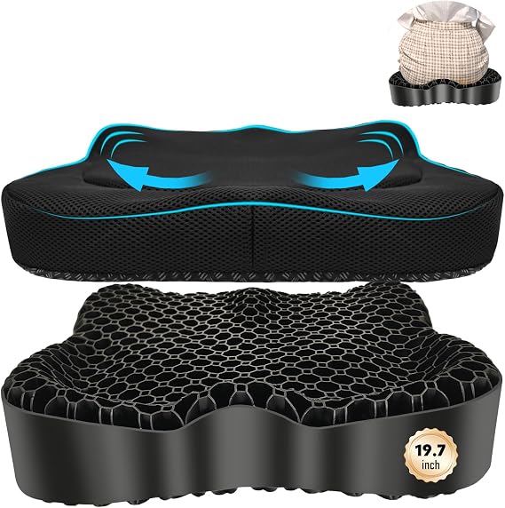 Cooling Gel Seat Cushion with Anti-Slip Cover, Thickened Large Breathable Honeycomb Design Pressure Points Absorbing Gel Cushion, Suitable for Office Chair, Home, Car Seat and Wheelchair