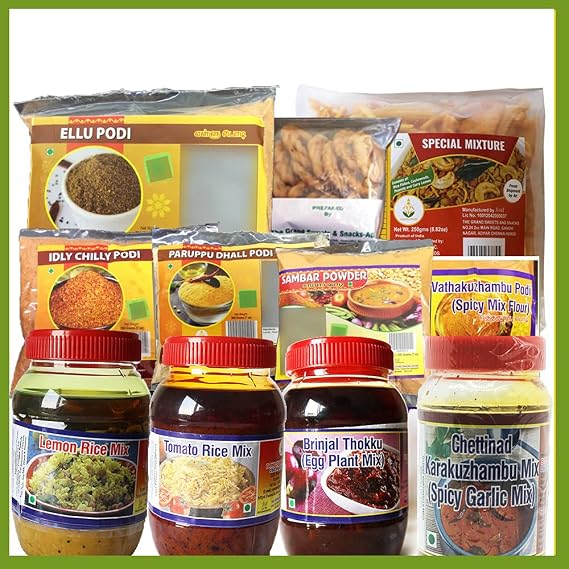 Indian Instant Food Combo Pack of 11 Items from Grand Sweets & Snacks - Choice of Rice Mixes, Pastes, Podis and Snacks.