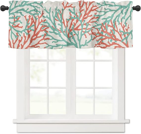 Curtain Valance 42" x 18", Teal Orange Coral Window Valances Rod Pocket Curtains Drapes, Marine Underwater Summer Ocean Short Topper Curtain for Kitchen Cafe Living Room, 1 Panel