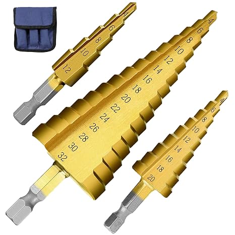 3pcs Metric Step Drill Bit, Hss Step Drill Bit Set High Speed Steel Step Bits Set (Metric 4-12mm, 4-20mm and 4-32 Mm) Cone Metal Drill Bits for Plastic, Wood, Stainless Steel Sheet Metal