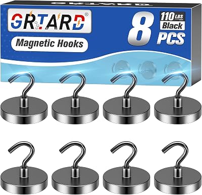 Grtard 8 Pack Magnetic Hooks Heavy Duty, 110LBS Strong Magnet Hooks Heavy Duty, Black Magnetic Hooks for Cruise Cabins, Neodymium Magnets with Hook for Hanging, Outdoor, Kitchen, Workplace, Garage
