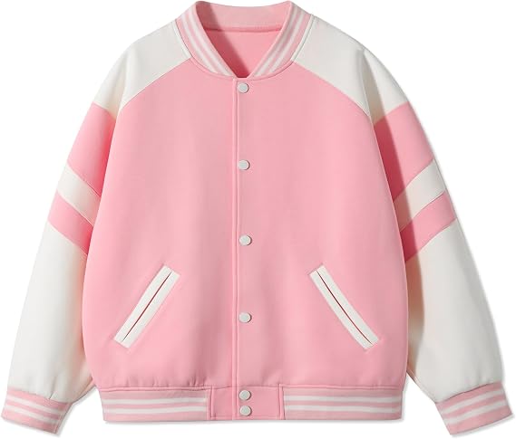 Rolanko Girls Varsity Jackets Baseball Bomber Color Block Letterman Jacket Outwear With Pockets 7-15 Years