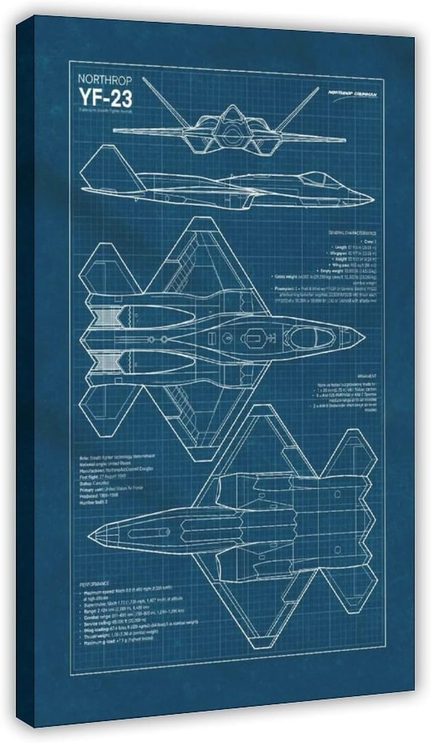 QZFNCOYU YF-23 Fighter Blueprint Poster Canvas Poster Bedroom Decor Landscape Office Room Decor Gift 16x24inch(40x60cm)