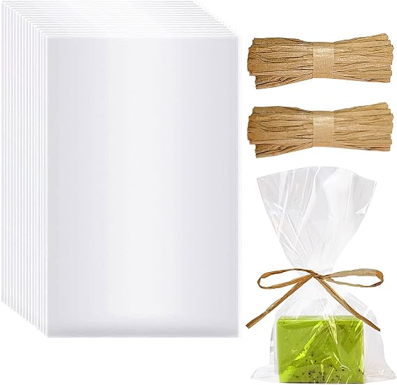 Miraclekoo 200pcs Clear Soap Bags for Packaging - 5x8 Inch Cellophane Bag with Raffia Rope for Homemade Soap Gift Birthday Party Favor