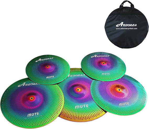 Arborea Mute Cymbal Set Low Volume Cymbal Pack 14"hi-hat+16"crash+18"crash+20"ride 5 Pieces Rainbow Drummer Practice Cymbal