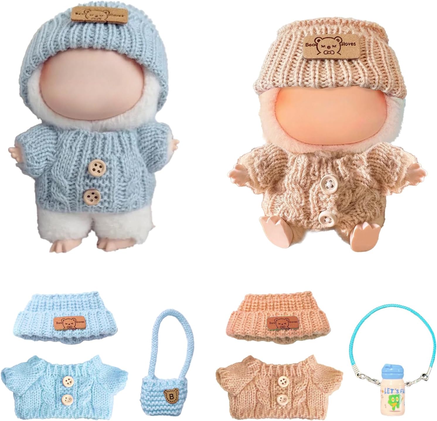 Clothes for LabubuNO Doll，Two-Piece Set with 6 Accessories，Hand-Made Crochet Sweaters are More Unique，Suitable for 6.7-inch 17 cm Plush Dolls BrownBlue