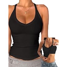 Danysu Racerback Vest Top with Built in Bra Women V-Neck Cotton Rib Basic Long Tanks Y2k Going Out Tops