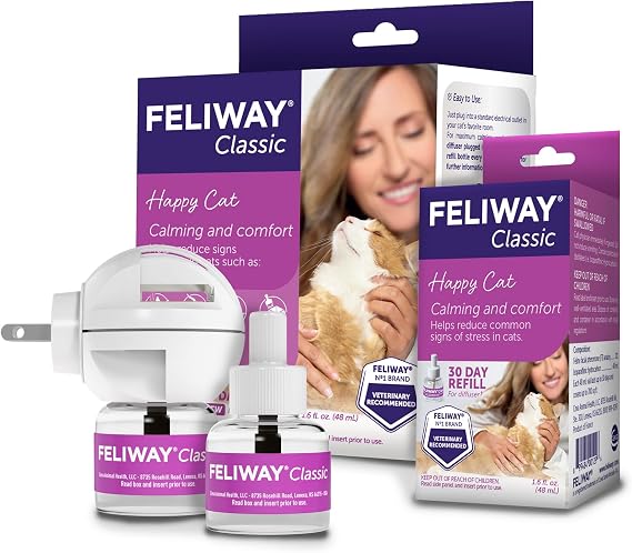FELIWAY Classic Cat Calming Diffuser Kit and 1 Pack Refill Helps Reduce StressRelated Behaviors Like Urine Spraying, Scratching, and Hiding 30Day Cat Pheromone Plug in Diffuser