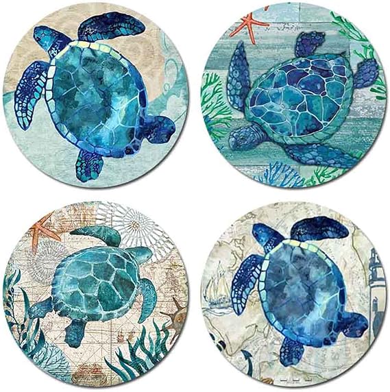 Hand Drawn Colorful Sea Turtle Round Coaster Set of Drink- Set of 4