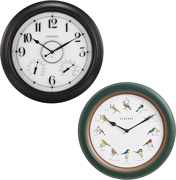 CLXEAST Illuminated Indoor Outdoor Clocks Waterproof &13.3 Inch Bird Clock That Sings on Hour,Singing Bird Clock with Nature Sounds from 6 am-9 pm and Silent Night Mode,Forest Green Finish