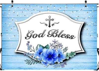 Blue God Bless Baptism Party Backdrop Banner Decorations,First Holy Communion Party Baby Shower Backdrop Background Banner Photo Booth Props Cake Table Decorations 71 x 49 inch