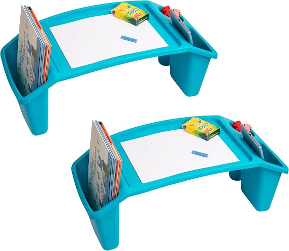 Mind Reader Kids Lap Desk, Portable Activity Tray with Side Storage, Stackable Plastic Desk for Drawing, Snacks, Study, Set of 2, Blue
