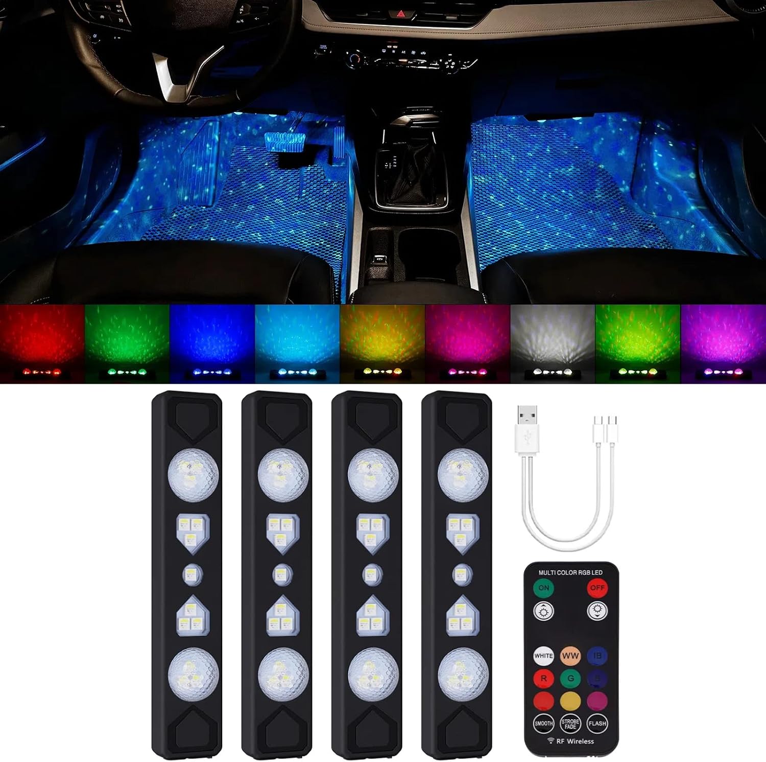 PIFOOG Interior Car Lights LED Wireless RGB Cars Inside Ambient Lighting Remote Automotive Neon Accent Starry Atmosphere Light Kit for Auto Under Footwell Roof Decoration USB Magnetic Cool 4PCS