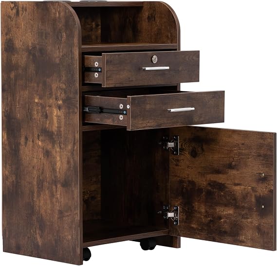 Salon Station, Hair Styling Station with Drawers, Cabinet and Hair Dryer Holders, Rustic Brown