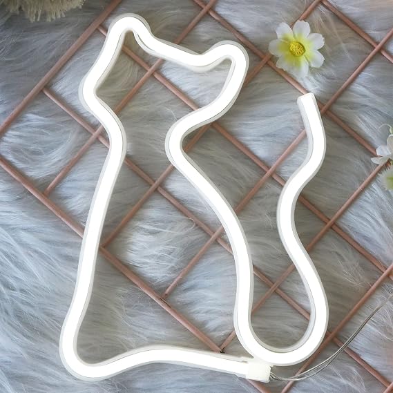 Cool White LED Cat Neon Signs Lights, Battery or USB Operated Wall Decor | Kawaii Cute Room Decorations, Art Decorative for Window, Table, Bar, Christmas, Home, Party, Wedding, Birthday, Girls