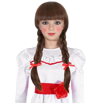 Horror Doll Cosplay Style Wig for Girls Kids Long Brown Braid Hair with Red Bows