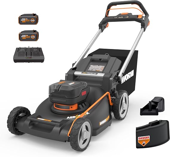 Worx Cordless Lawn Mower, 40V 21" 3-in-1 Grass Mower for 1/2 Acre, WG760 | Brushless, Mulching/Bagging/Side Discharge, Self-Propelled, 2 x 5.0Ah Batteries & 4.0A Charger Included, PowerShare