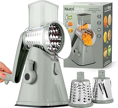 EMSON Rotary Cheese Grater Hand Crank, Stainless Steel Rotary Graters for Kitchen with 3 Blades, Vegetable Slicer, Cheese Shredder with Suction Cup Base, Dishwasher Safe - Sage