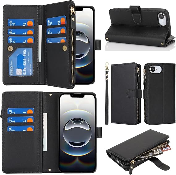 Wallet Case for iPhone 16e/17e with Wrist Strap,6.1",Black