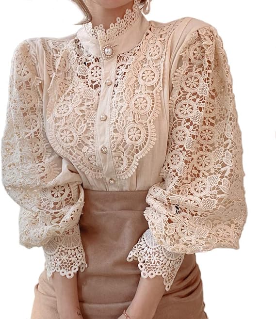 Womens Elegant Lace Trim Shirts Casual Victorian Blouse Long Sleeve Button Down Tops