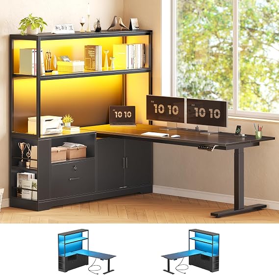 SEDETA 57" L Shaped Standing Desk, Sit Stand Office Desk with Storage Hutch