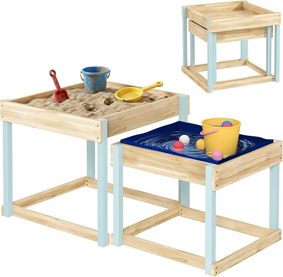 AIYAPLAY Wooden Sand and Water Table, 2 PCS, Natural Wood Finish