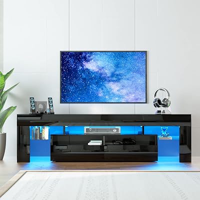 TV Stand with 16 Color LED Lights, Media Console with Drawer and Glass Open Shelf for 606570 inch TV, Modern Gloss Entertainment Center for Living Room, Black