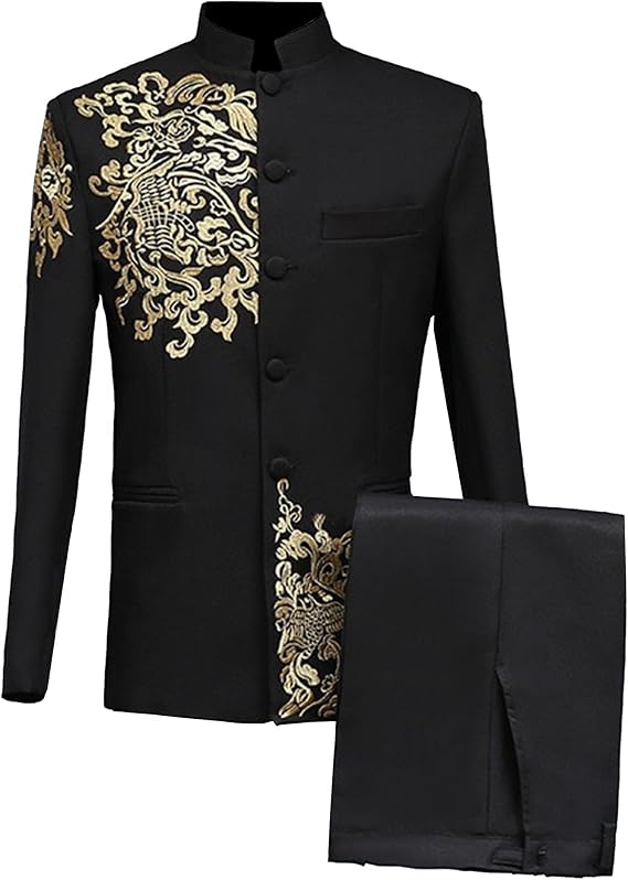 Men's Stand Collar Mandarin Suit Set Slim Fit 2 Piece Comfort Dress Suits Embroidered Front Button Blazer Pants Sets
