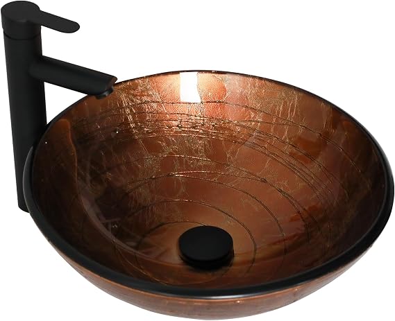 17'' Small Brown Glass Vessel Sink with Faucet and Drain Combo 17 Inch Modern Oval Above Counter Bathroom Bowl Vanity Sink Artistic 5 Inch Deep Basin
