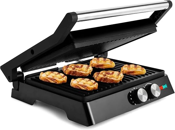 SUSTEAS 2in1 Panini Press Sandwich Maker and 304 Stainless Steel Electric Indoor Grill with Temperature Time Setting, Easy Clean Nonstick Grids, Opens 180/105 to Fit Any Type or Size of Food,1400W