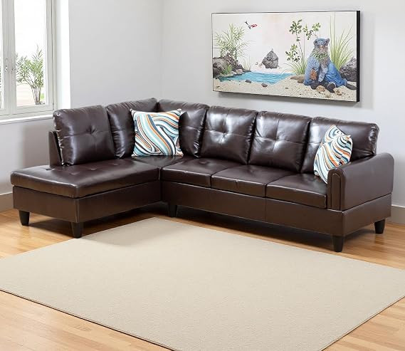 Faux Leather Sectional Sofa Couch Set, L-Shape Sofa Sectional Couch with Curved Armrest, Sectional Sofa with Left Facing Chaise for Living Room(Brown)