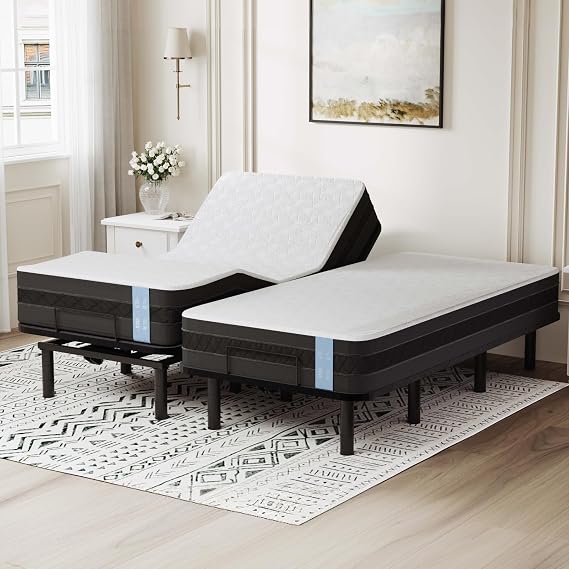 FLEXISPOT Split King Adjustable Bed Base with 10" Mattress | Cooling gel memory foam, massage, head and foot incline, zero gravity, zero clearance, under-bed lights, anti-snore