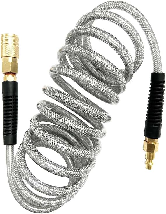 SANFU (PU) Polyurethane Reinforced Recoil 1/4ID(6.3 x 9.8mm) x 10ft, Air Hose 300PSI with 1/4-Inch Swivel Solid Brass Quick Coupler and Plug, Gray(10')