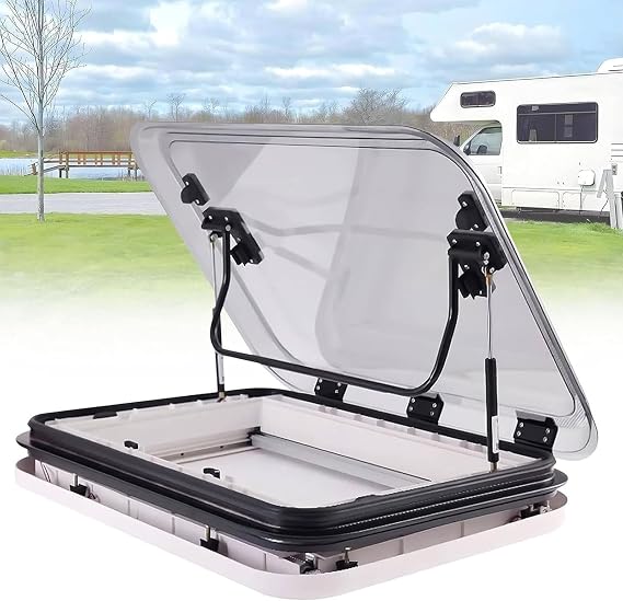 RV Roof Vent Kit with LED Light, 500/700/800 x500 mm Cut Out for RV Caravan Roof Window Hatch, Large Skylight with Double-Layer Hollow Acrylic Cover, Net Sunshade for Camper Trailer Motorhome
