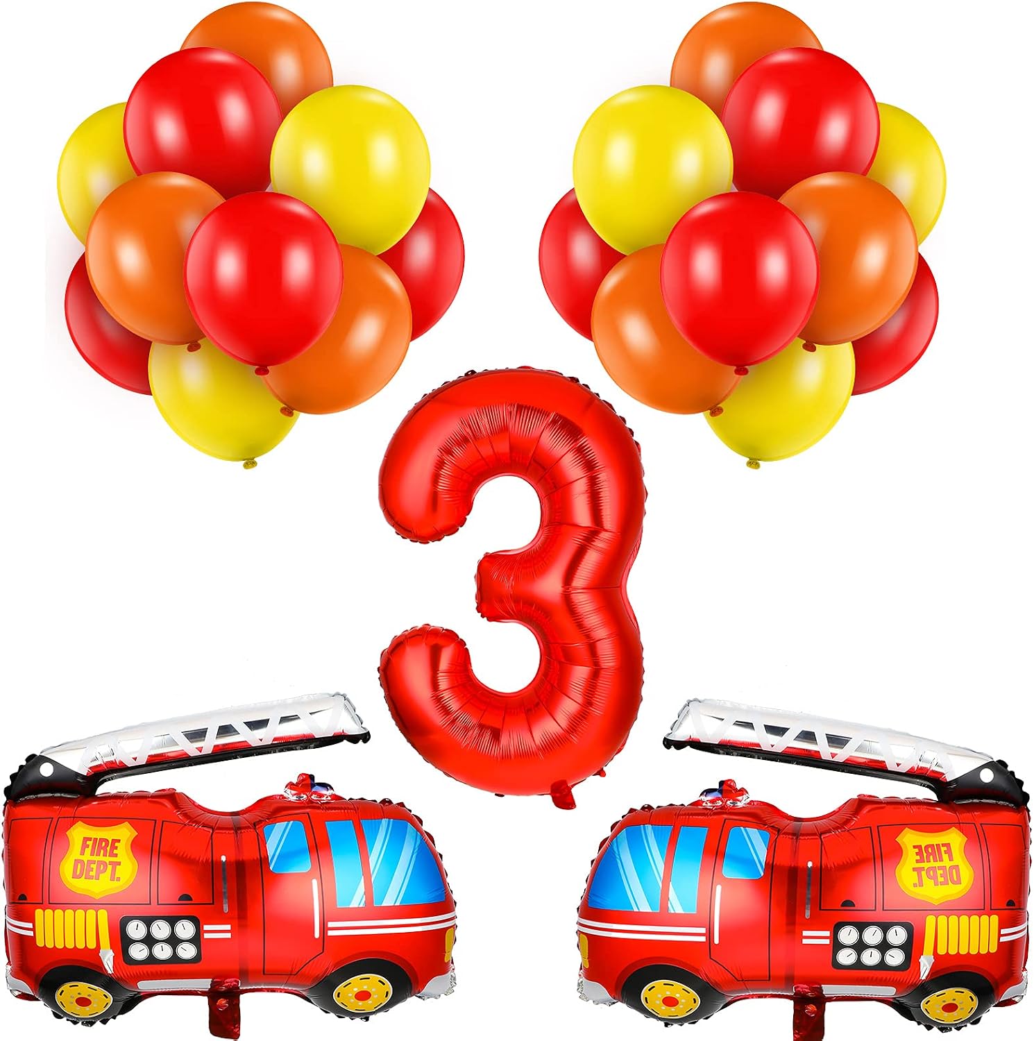 33 Pieces Fire Truck Party Decorations Set Include Number Foil Balloon, 2 Pieces Fire Engine Birthday Balloons and 30 Pieces Red Orange Yellow Latex Balloons for Rescue Theme Party Number 3 Balloon