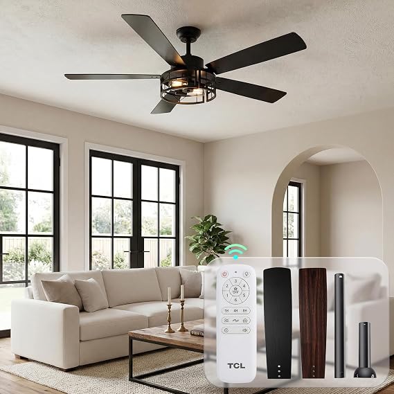 TCL 52" Black Caged Drop Rod Ceiling Fan with Light & Remote