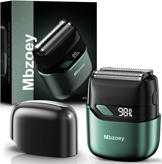 Electric Foil Shavers for Men, Mini Electric Razor, Compact Face Shaver, IPX7 Waterproof Wet Dry Cordless Razor, LED Display, USB-C Fast Rechargeable, Emerald Green