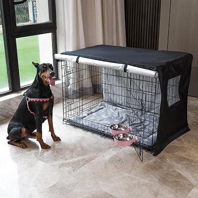 Dog Crate Set 42 Inch - Black Metal Dog Crate Kit with Double Door Includes 2 Dog Bowls, Soft Bed, Insulated Cover, Divider, Collapsible Dog Crate for MediumLarge Dogs Ideal for Home