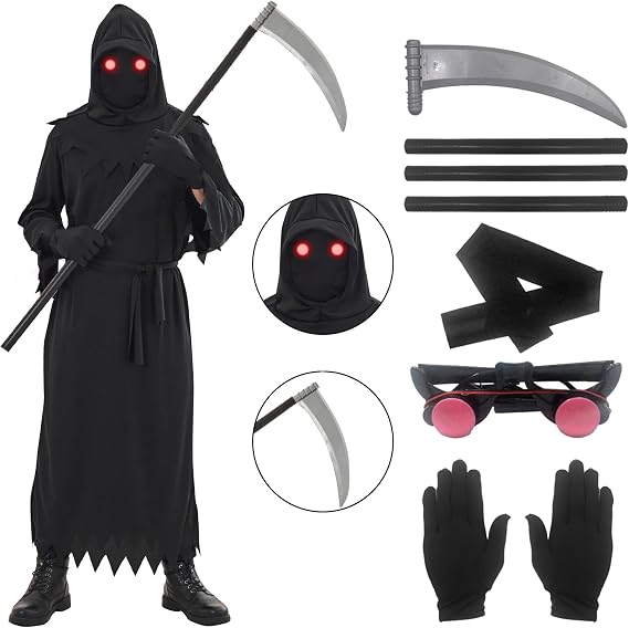 Grim Reaper Cosplay Costume with Death Scythe, Glowing Glasses and Mask for Halloween Party