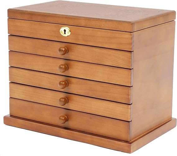 Extra Large Four-Leaf Carved 6 Layers Wooden Jewelry Box Jewelry Case Cabinet Armoire Ring Necklacel Gift Storage Box Organizer (Brown Style 2)