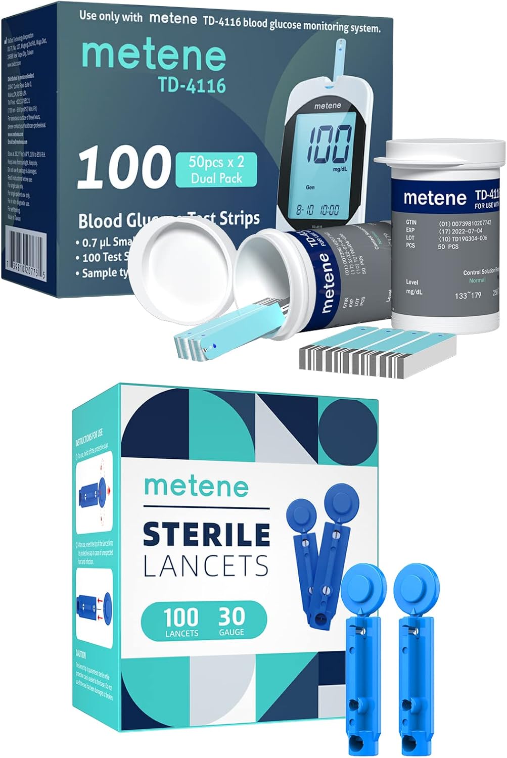 Metene TD-4116 Blood Glucose Test Strips 100 Count, 100 Count 30 Gauge Diabetic Lancets for Blood Sugar Test, Use with metene TD-4116 Blood Glucose Monitor kit