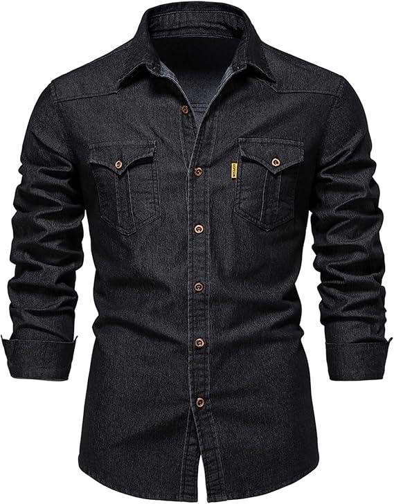 Morbuy Denim Shirts for Men Regular Fit Long Sleeve Casual Mens Cotton Collared Button Down black denim Jacket Shirts Top Autumn Winter Coats with Pocket
