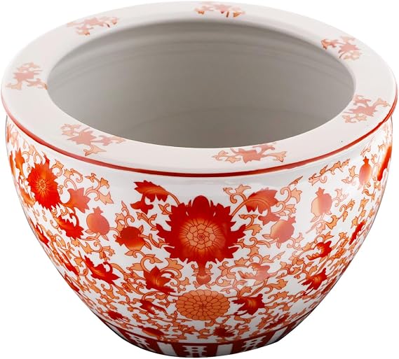 Oriental Fish Bowl Red Coral Pattern 12 Inch Dia
