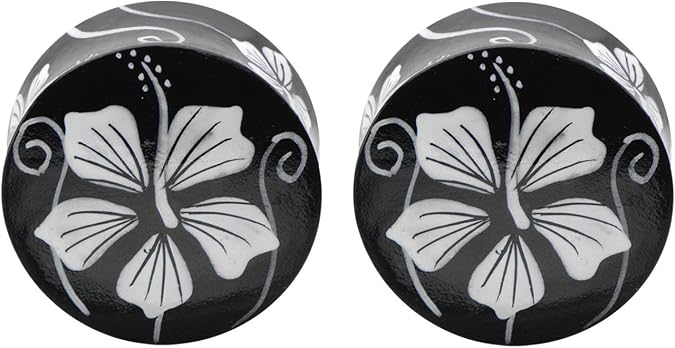 Pair 3/4" 19mm Black Hand Painted Flower Wood Organic Ear Plugs Gauges