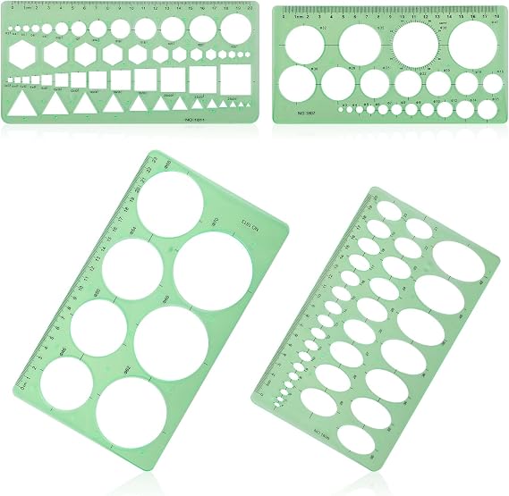 4pcs Circle Template for Drawing, Transparent Plastic Drafting Tool Various Geometric Round Circle and Oval Stencil Formwork Ruler Measuring Tool for Office School Building Drawings (Green)
