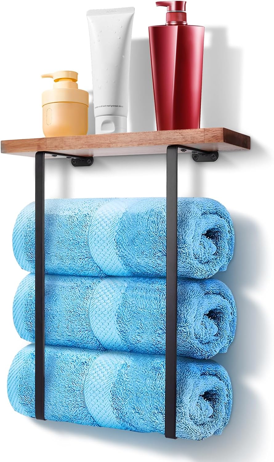 Towel Racks Wall Mounted, Bathroom Rolled Towel Storage, Metal Towel Holder with Wood Shelf for RV, Spa, Salon