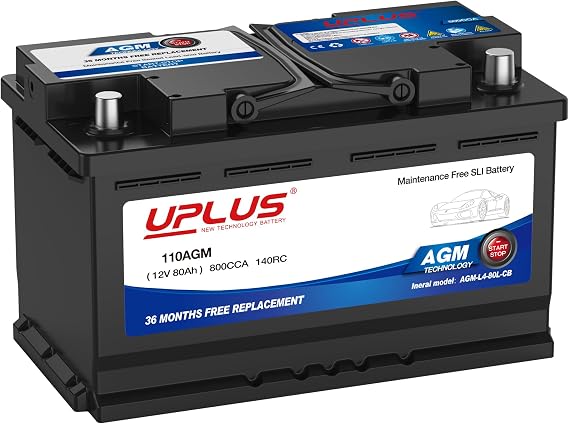 UPLUS 110AGM / 115AGM Car Battery, 12V 80Ah Maintenance Free Automotive Start-Stop Battery, 800A 140RC, High Performance Batteries Type 110 Agm 315L x 175W x 190H(mm)