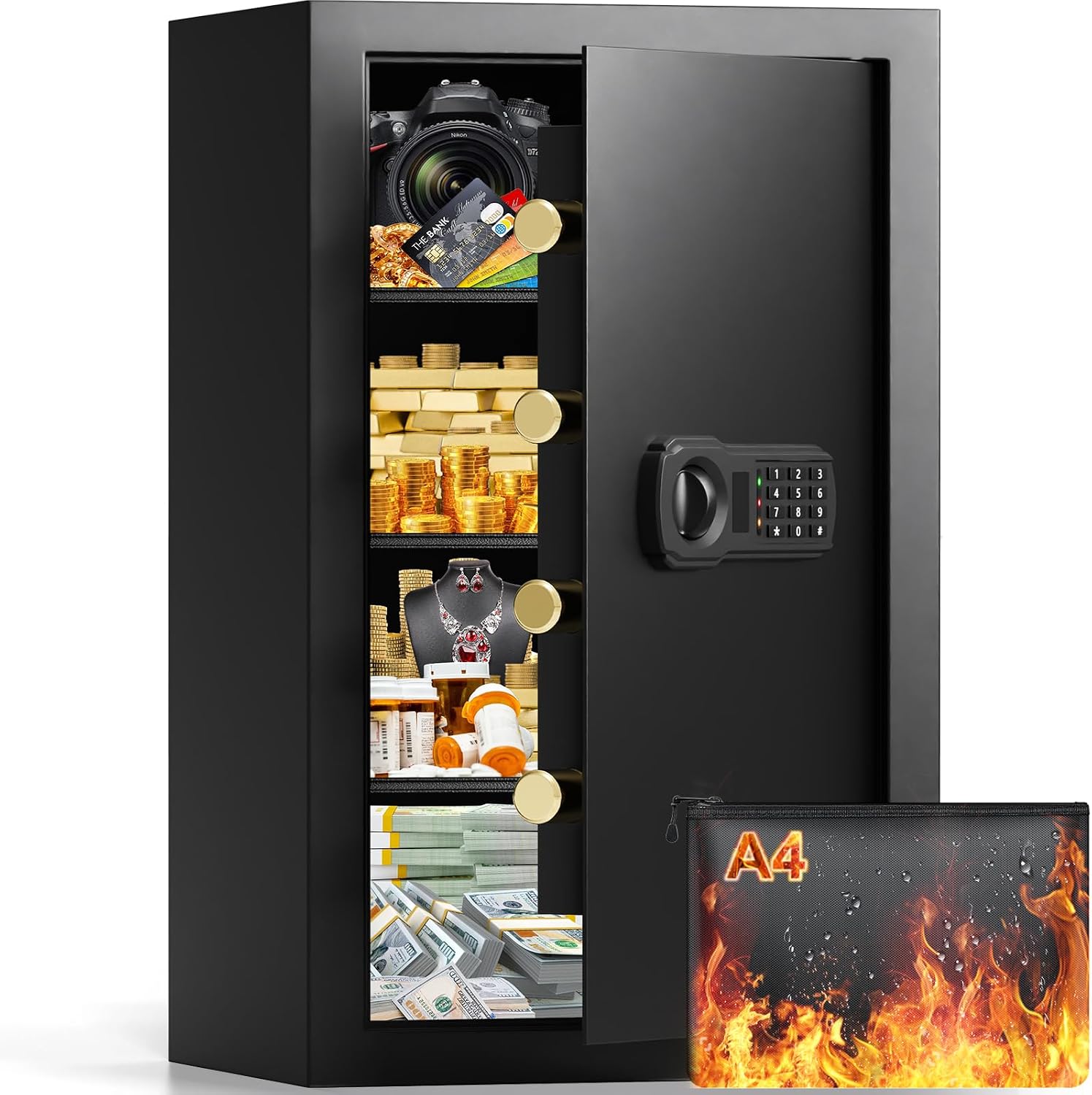 27.56"H Large Safe Box for Home & Office, 6.1 cu ft Anti-Theft Safety Box with A4 Fireproof Waterproof Bag, Combination Lock & Removable Steel Shelf, Security Document Safe for Cash Passport Medicine