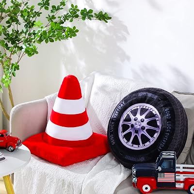 Woanger 2 Pcs Race Car Room Decor Racing Plush Throw Pillow Set Gift 15.7 Inch Soft 3D Simulation Wheel Pillow Funny Tire Cone Traffic Light and Stop for Valentines Bedroom DecorationsTraffic Cone