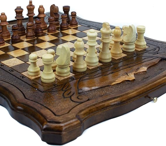 Handmade 3 in 1 Walnut Wood Chess Set 11.8 inch - Backgammon, Checkers - High Detail Unique Board Game from Armenia Europe